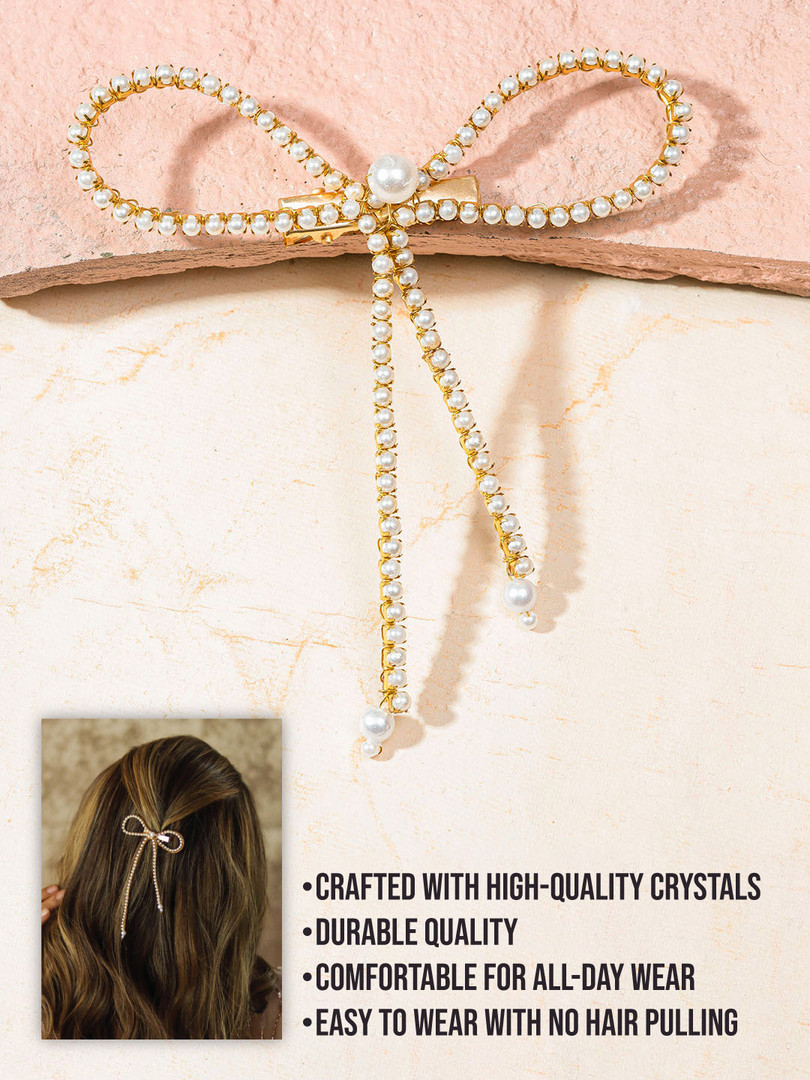 HAIR DRAMA CO. Hair Drama Co. Women Gold-Toned Pearl Embellished Bow Alligator Clip